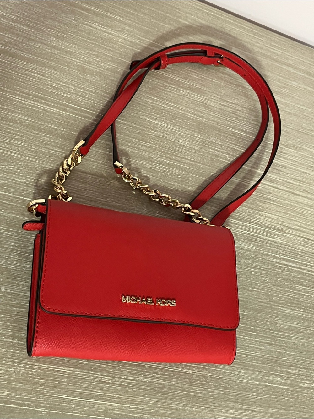 Michael Kors Red Leather Crossbody with Gold Chain Strap